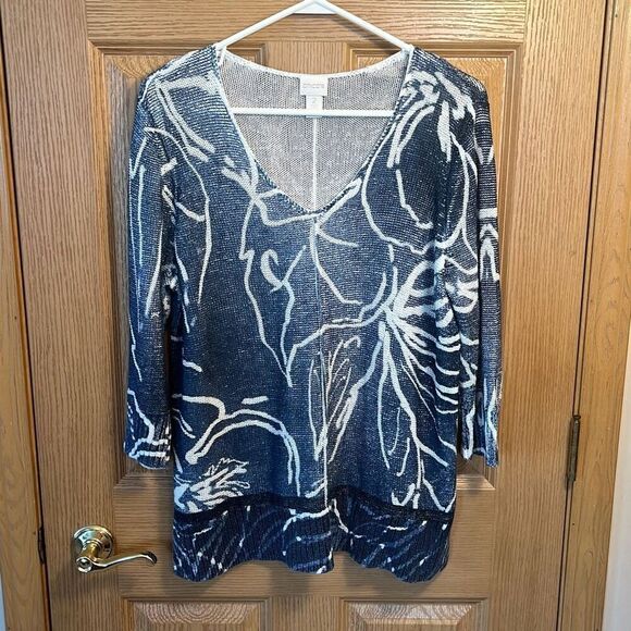 Chico’s Blue Printed Miranda V-Neck Sweater Large - Picture 1 of 8